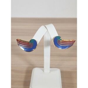 Laurel Burch "Rainbow Dove" Enamel Gold Metal Clip‎ Earrings, Vintage Signed